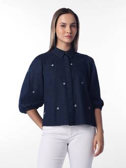 ONLY - Women's Dark Blue Embroidered Shirt