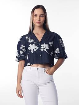 ONLY - Women's Dark Blue Floral Cropped Shirt
