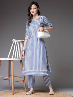 Stylum - Womens Woven Striped Cotton Blend Straight Kurta With Pant (Set of 2)