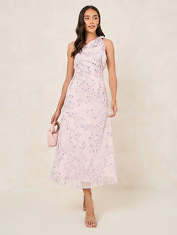 Styli - Womens Pink One Shoulder A-Line Maxi Dress with Neck Tie-Up