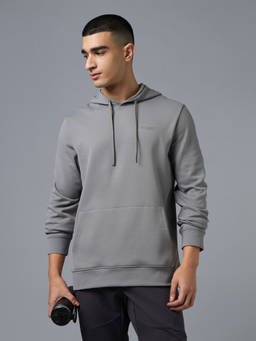 Technosport - Men Grey Solid Relaxed Fit Sports Hoodie