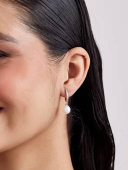 MISS JO - White 92.5 Sterling Silver Pearl Drop Hoop Earrings