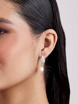 MISS JO - White 92.5 Sterling Silver Triple Pave Pearl Drop Earrings