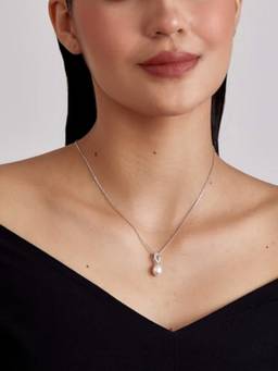MISS JO - White 92.5 Sterling Silver Sparkling Teardrop Pearl Pendant with Chain