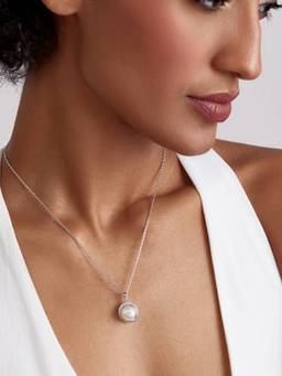 MISS JO - White 92.5 Sterling Silver Crossover Halo Pearl Pendant with Chain