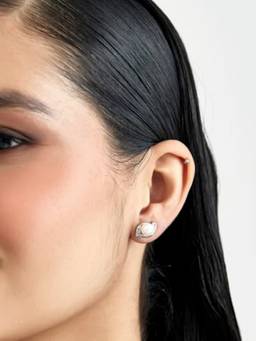 MISS JO - White 92.5 Sterling Silver Trendy Pearl and Baguette Studs Earrings