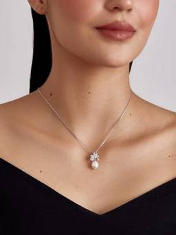 MISS JO - White 92.5 Sterling Silver Crystal Bow Pearl Pendant with Chain