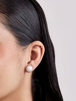 MISS JO - White 92.5 Sterling Silver Halo Pearl Stud Earrings
