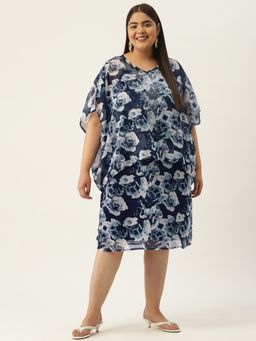 theRebelinme - Plus Size Navy Floral Printed Layered Embellished Party Wear Dress (Set of 2)