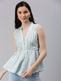 SHOWOFF - Women's Vertical Stripes Peplum Sea Green V-neck Top