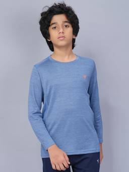 Technosport - Boys DOUBLE COOL Melange Slim Fit Round Neck Sports T-shirt Blue