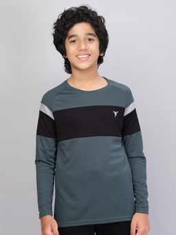 Technosport - Boys DOUBLE COOL Colorblock Slim Fit Round Neck Sports T-shirt Green