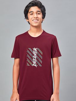 Technosport - Boys TECHNOCOOL+ Printed Slim Fit Round Neck Sports T-shirt Maroon