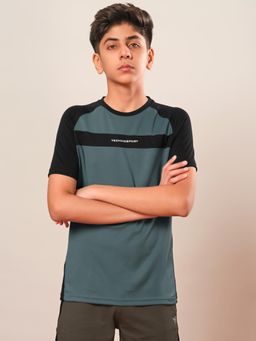 Technosport - Boys DOUBLE COOL Colorblock Slim Fit Round Neck Sports T-shirt Green