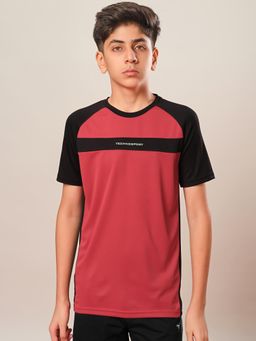 Technosport - Boys DOUBLE COOL Colorblock Slim Fit Round Neck Sports T-shirt Red