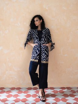 W - Blue Ikat Printed Blazer with Top and Pants Co-Ord (Set of 3)