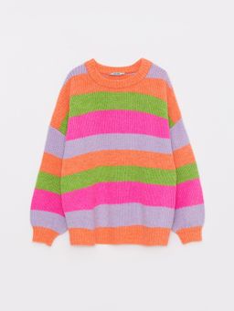 LC WAIKIKI - Neon Orange Crew Neck Striped Long Sleeve Women's Sweater
