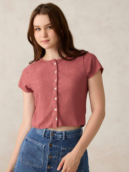 Outzidr - Pink Cotton Textured Knit Solid Vacay Shirt