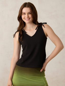 Outzidr - Black V Neck Bow Detailed Vacay Top