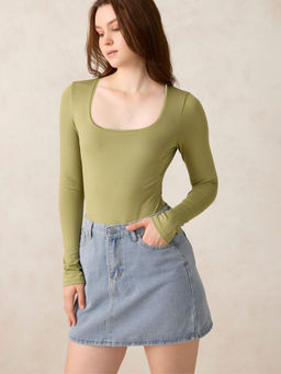 Outzidr - Olive Casual Basic Square Neck Bodysuit