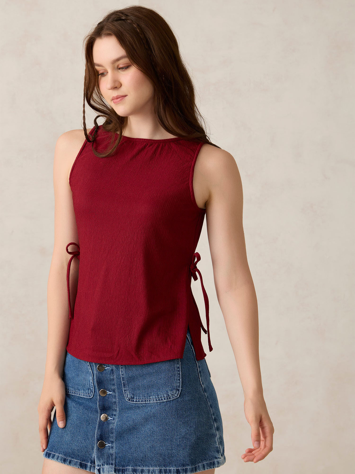 outzidr Red Boat Neck Side Tie Up Vacay Top-picture-20