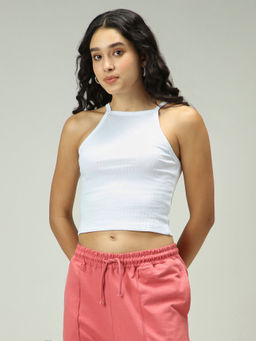 Outzidr - White High Neck Thick Spaced Rib Street Style Top