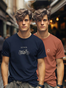 BULLMER - Navy Blue & Brick Printed Cotton Blend Crew Neck Half Sleeve T-Shirts (Pack of 2)