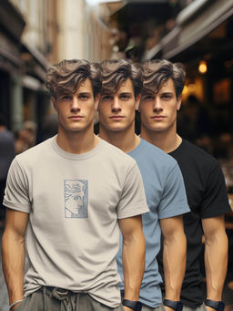 BULLMER - Beige, Blue, Black Printed Crew Neck Half Sleeve T-Shirts (Pack of 3)