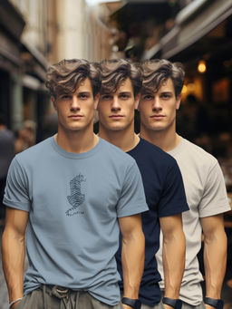 BULLMER - Blue, Navy Blue, Beige Printed Crew Neck Half Sleeve T-Shirts (Pack of 3)