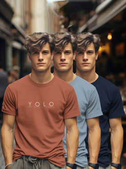 BULLMER - Brick, Blue, Navy Blue Printed Crew Neck Half Sleeve T-Shirts (Pack of 3)