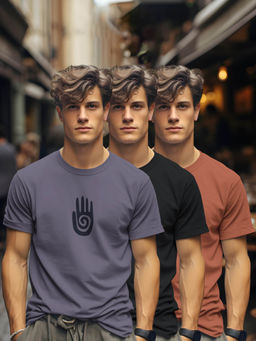 BULLMER - Purple, Black, Brick Printed Crew Neck Half Sleeve T-Shirts (Pack of 3)