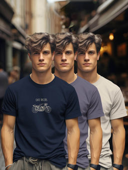 BULLMER - Navy Blue, Purple, Beige Printed Crew Neck Half Sleeve T-Shirts (Pack of 3)