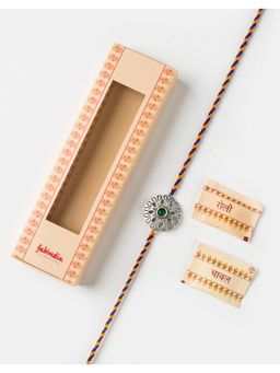 Fabindia - Women Green Stone Silver Floral Thread Rakhi with Roli Chawal