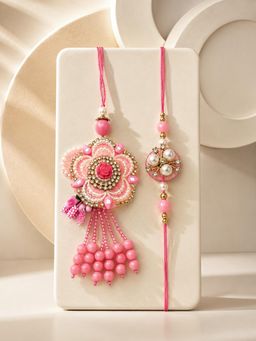 ADIVA - Handmade Pink Floral Rakhi-Lumba with Roli Chawal-Chandan-Mishri and Card