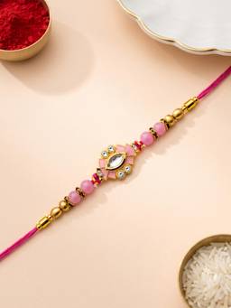 ADIVA - Handmade Pink Floral Thread Rakhi with Roli Chawal-Chandan-Mishri and Card