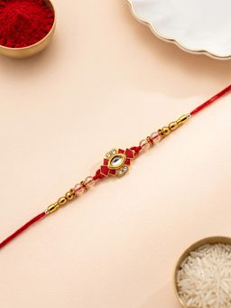 ADIVA - Handmade Red Floral Thread Rakhi with Roli Chawal-Chandan-Mishri and Card