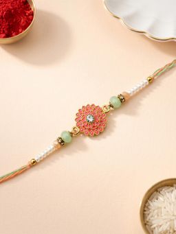 ADIVA - Handmade Pink Floral Thread Rakhi with Roli Chawal-Chandan-Mishri and Card