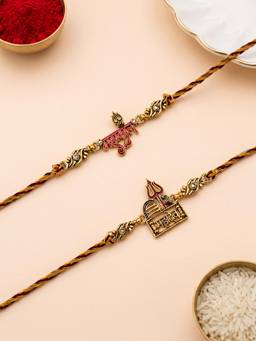 ADIVA - Handmade Mahadev Thread Rakhi with Roli Chawal-Chandan-Mishri and Card (Pack of 2)