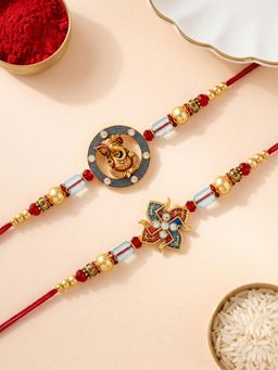 ADIVA - Lord Ganesha-Swastik Rakhis with Roli Chawal-Chandan-Mishri and Card (Pack of 2)