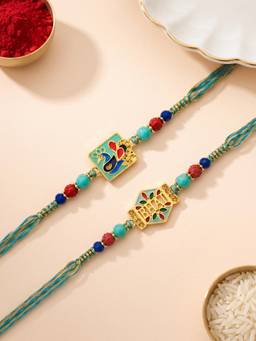 ADIVA - Bhai and Peacock Rakhis with Roli Chawal-Chandan-Mishri and Card (Pack of 2)