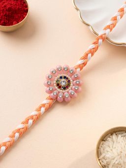 ADIVA - Handmade Pink Floral Designer Thread Rakhi with Roli Chawal-Chandan-Mishri and Card