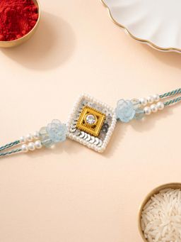 ADIVA - Handmade Blue Floral Pearl Rakhi with Roli Chawal-Chandan-Mishri and Card