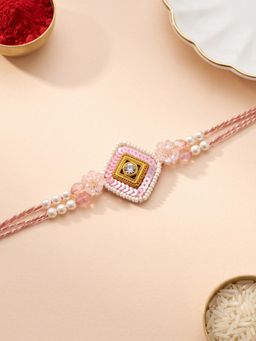 ADIVA - Handmade Pink Floral Pearl Rakhi with Roli Chawal-Chandan-Mishri and Card