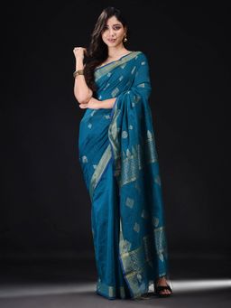 Beatitude - Blue Blended Cotton Woven Saree with Unstitched Blouse