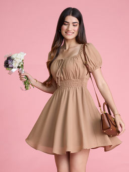 Twenty Dresses by Nykaa Fashion - Beige Solid Square Neck Puff Sleeve Short Fit And Flare Dress