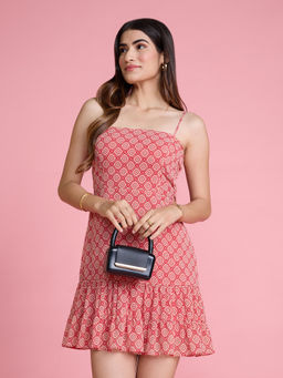 Twenty Dresses by Nykaa Fashion - Red Geometric Square Neck Strappy Short Fit And Flare Dress