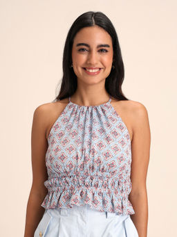 Twenty Dresses by Nykaa Fashion - Blue Geometric Print Crew Neck Peplum Short Top