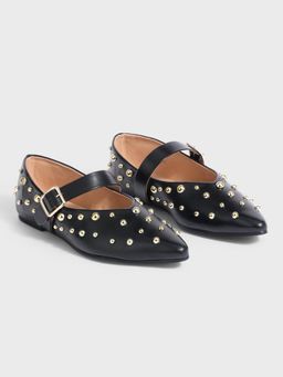 Twenty Dresses by Nykaa Fashion - Black Studded Pointed Toe Mary Jane Flats For Women (EURO 41)