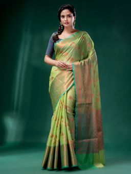 CHARUKRITI - Green Cotton Silk Saree with Woven Design with Unstitched Blouse
