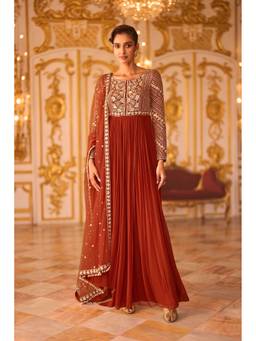 PRATAPSONS HERITAGE - Rust Red Embellished Premium Silk Anarkali Dress with Dupatta